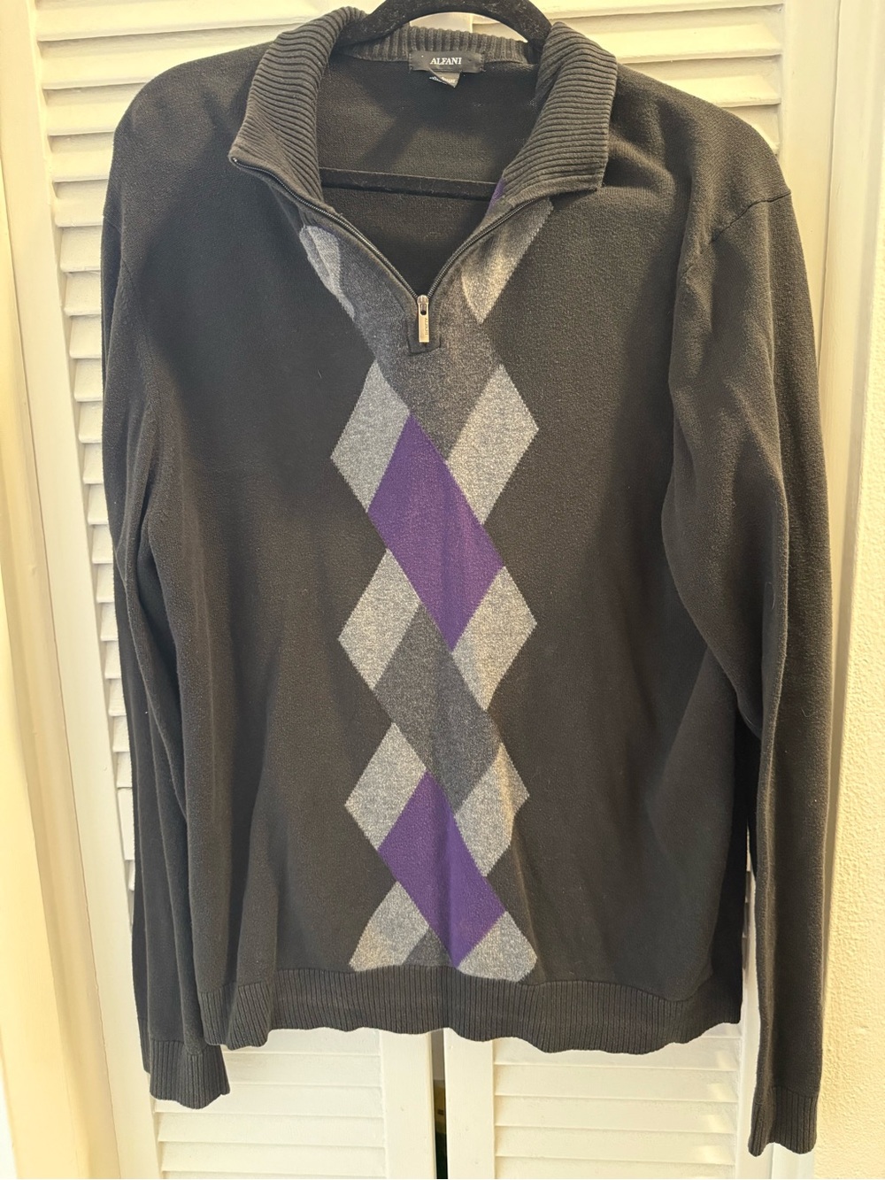 Alfani Black Quarter-Zip Sweater w Purple & Gray Argyle Pattern